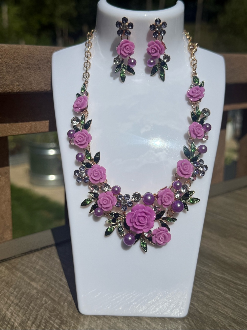 NWT Statement Purple Rose Floral Necklace 3D rose cluster Earring Set
